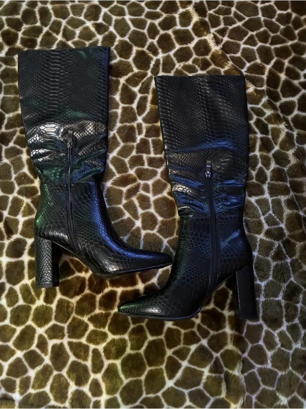 Women’s Black Snake-Embossed Block Heel Mid-Calf Boots - Picture 3 of 8